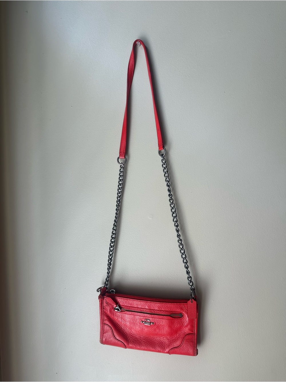 Coach Red Pebbled Leather Chain Strap Crossbody